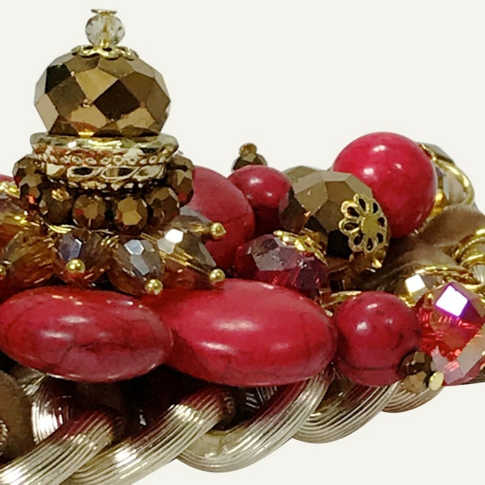 Handmade Red Bracelet Flower Stone Clusters Beads - Picture 3 of 6